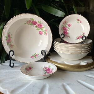 Vintage 9 Piece Royal Swan Serving + Bowls Set - Burslem Rose + 22K Gold Dishes